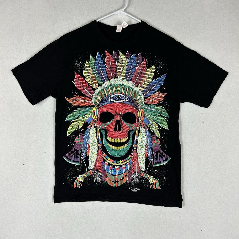 Cozumel Mexico Neon Skull Feathers T-shirt Men's Medium Texture Short Sleeve Tee